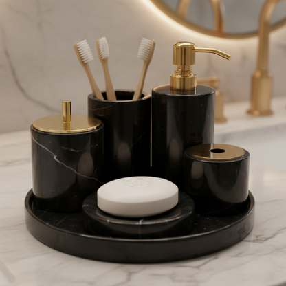 Marmeren Badkamer Set 6-Delig | Luxe Massief Steen Toilettas Organizer