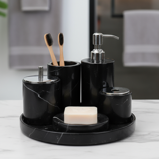 Marmeren Badkamer Set 6-Delig | Luxe Massief Steen Toilettas Organizer