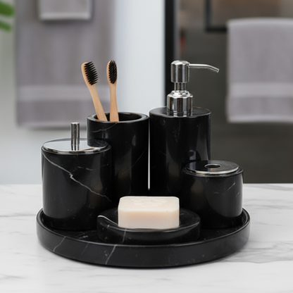 Marmeren Badkamer Set 6-Delig | Luxe Massief Steen Toilettas Organizer
