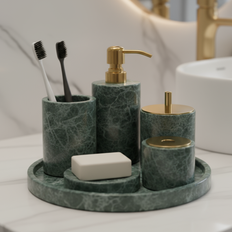 Marmeren Badkamer Set 6-Delig | Luxe Massief Steen Toilettas Organizer