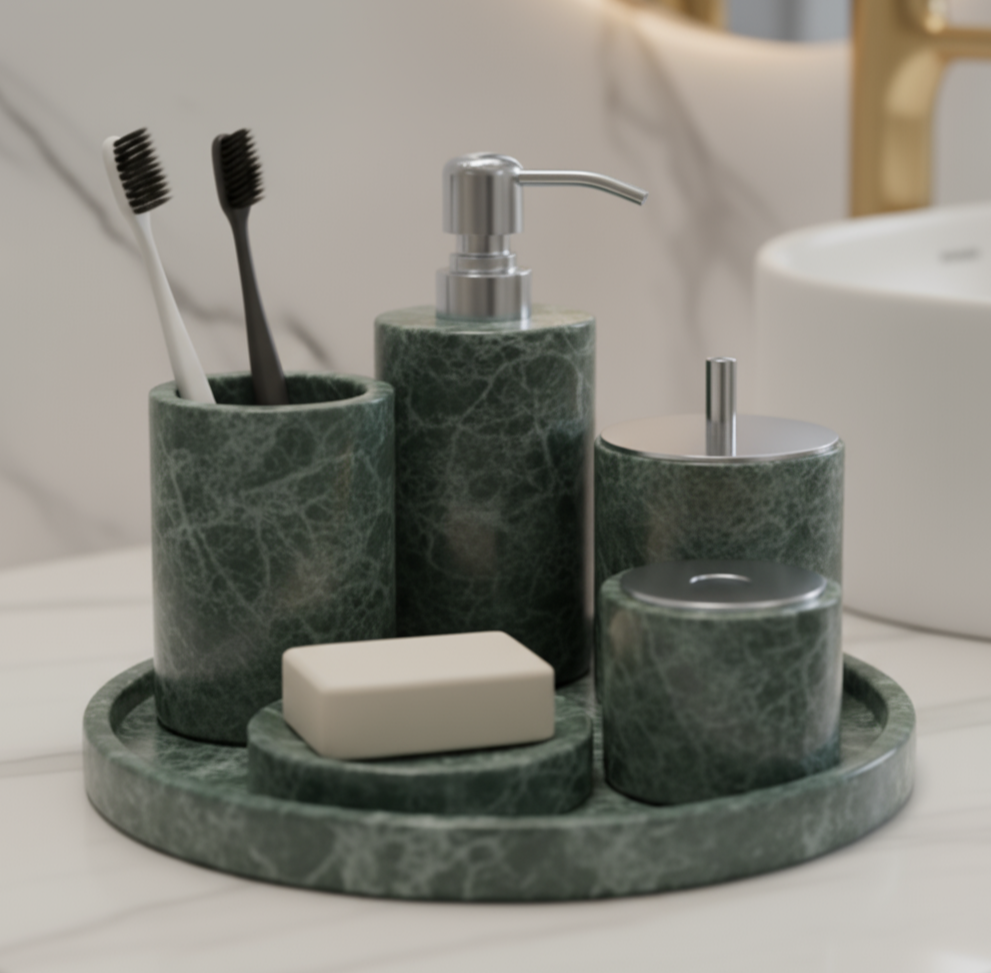 Marmeren Badkamer Set 6-Delig | Luxe Massief Steen Toilettas Organizer