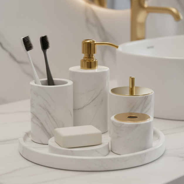 Marmeren Badkamer Set 6-Delig | Luxe Massief Steen Toilettas Organizer