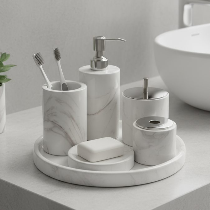 Marmeren Badkamer Set 6-Delig | Luxe Massief Steen Toilettas Organizer
