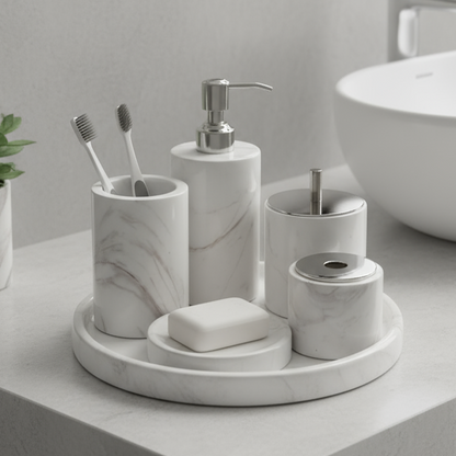 Marmeren Badkamer Set 6-Delig | Luxe Massief Steen Toilettas Organizer