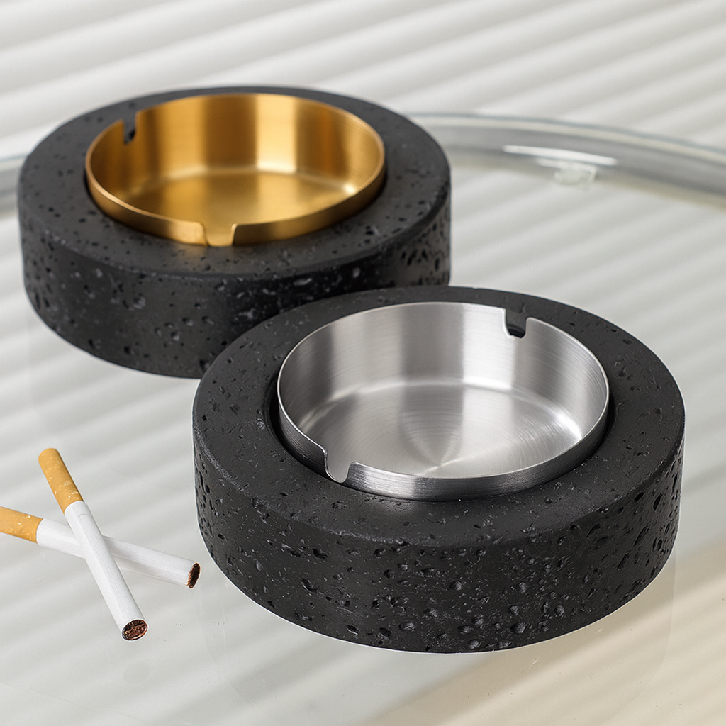 Volcanische Luxe Ronde Marmeren Asbak – Massieve Steen met Geborsteld Stalen Inzet (1.4kg)