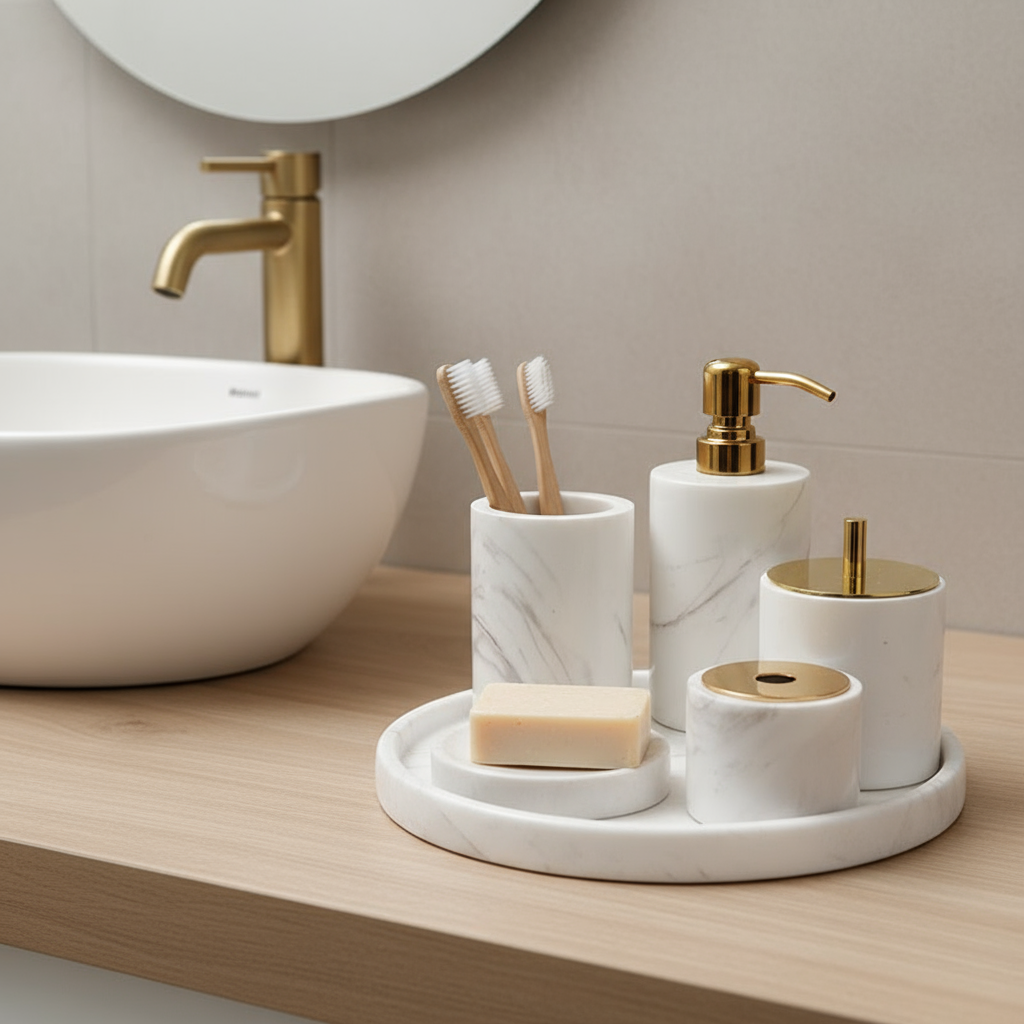 Marmeren Badkamer Set 6-Delig | Luxe Massief Steen Toilettas Organizer