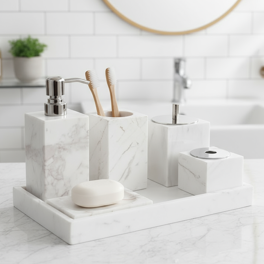 Marmeren Badkamer Set 6-Delig | Luxe Massief Steen Toilettas Organizer