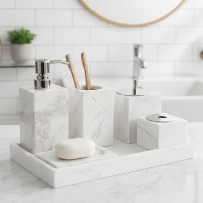 Marmeren Badkamer Set 6-Delig | Luxe Massief Steen Toilettas Organizer