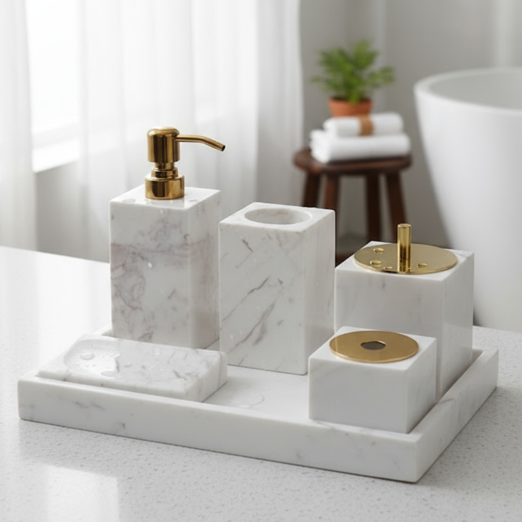 Marmeren Badkamer Set 6-Delig | Luxe Massief Steen Toilettas Organizer