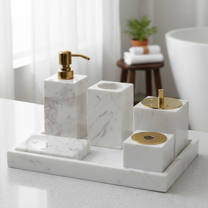 Marmeren Badkamer Set 6-Delig | Luxe Massief Steen Toilettas Organizer